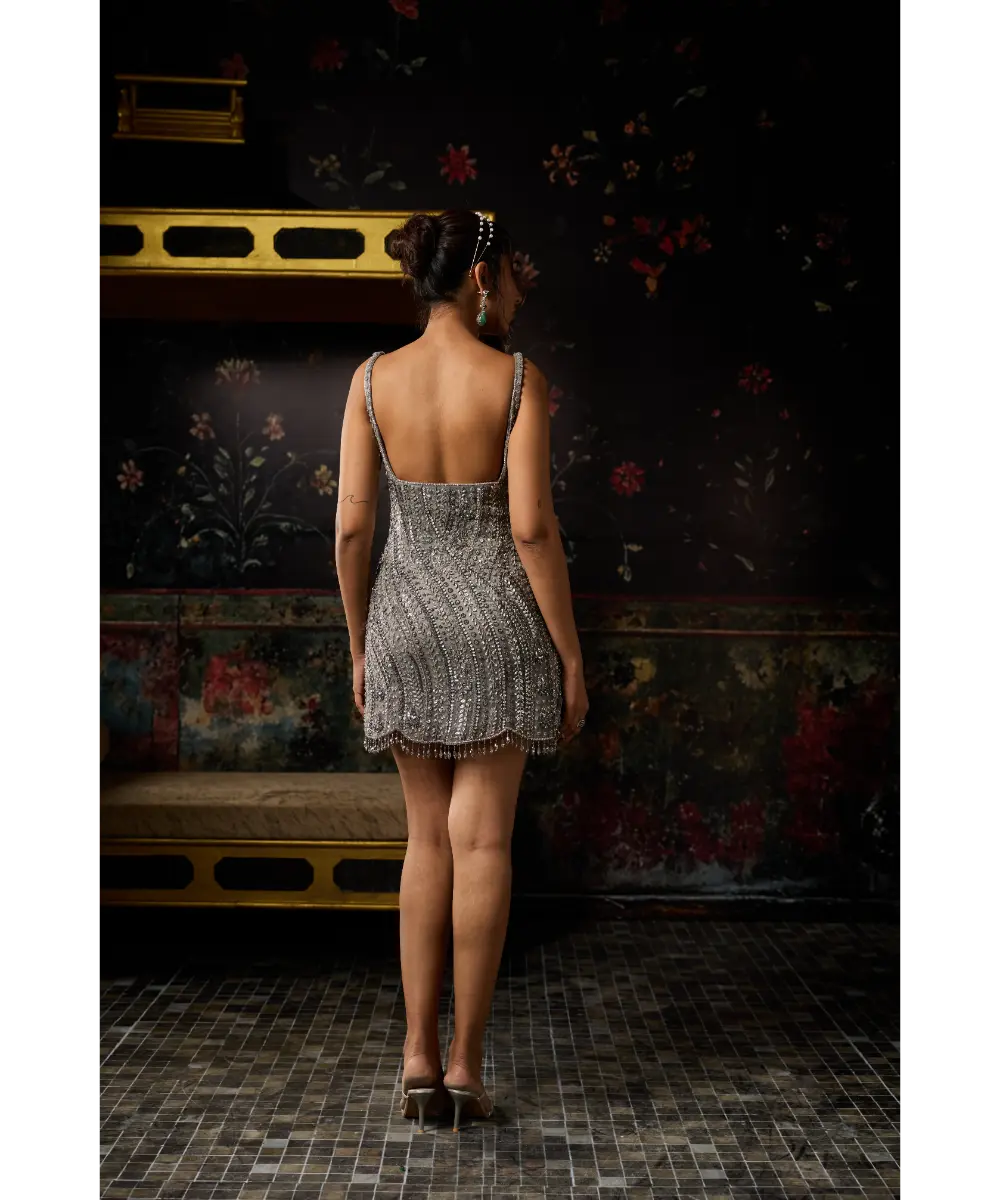 DIYARAJVVIR - GREY GUNMETAL SWIRL EMBELLISHED MINI DRESS